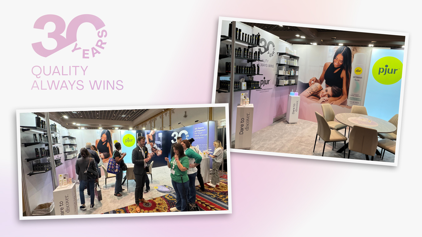 pjur-Messestand bei der Altitude Messe 2025: Produktwand im Aufbau.