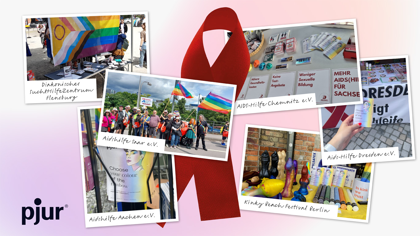 Collage von Pride-Events mit pjur und Aids-Hilfen beim Verteilen von Pride Sachet-Cards.