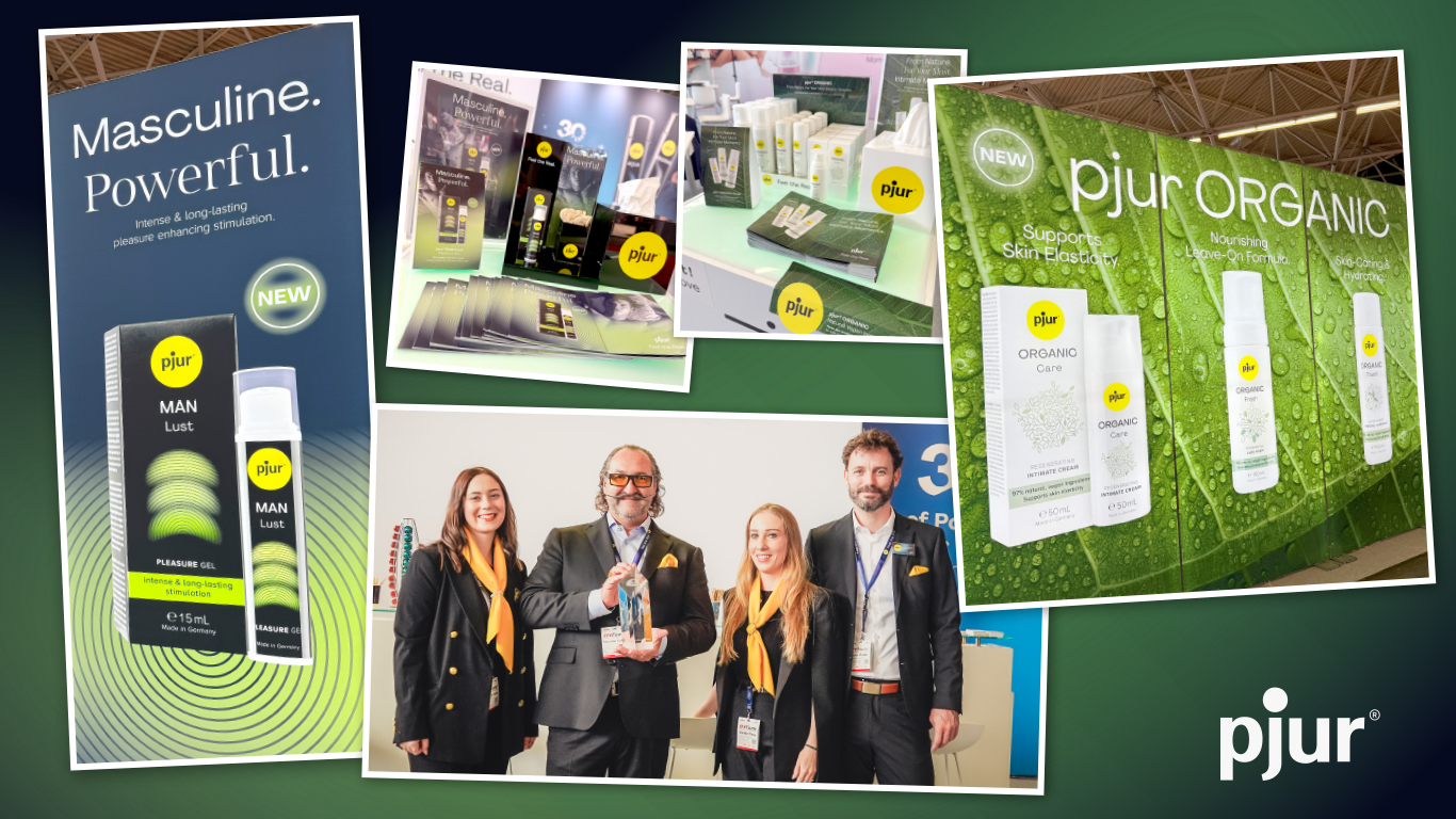 pjur Team am Stand mit Award und Impressionen der ORGANIC Serie und MAN Lust Produkte.